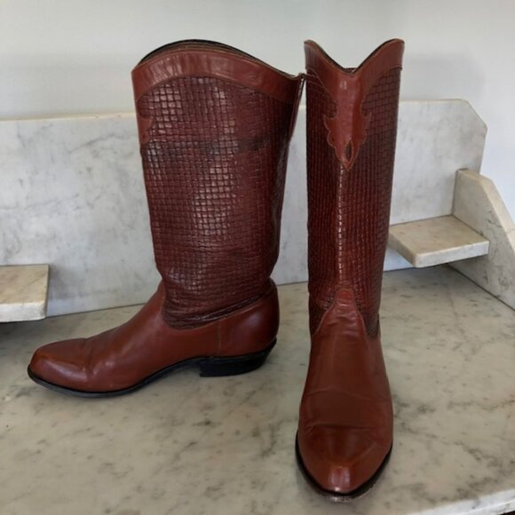 TONY LAMA Basket Weave Upper Leather Brown Pointed Toe Pull On Ladies Bo… - Picture 1 of 17